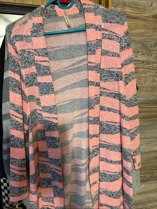 Emerald Sweaters - Emerald Pink and Gray Striped Open-Front Cardigan